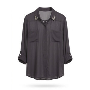 Chico's Shine Collar Alexis Top Size 3 (XL / 16) Black Sheer Roll Tab Sleeve NWT